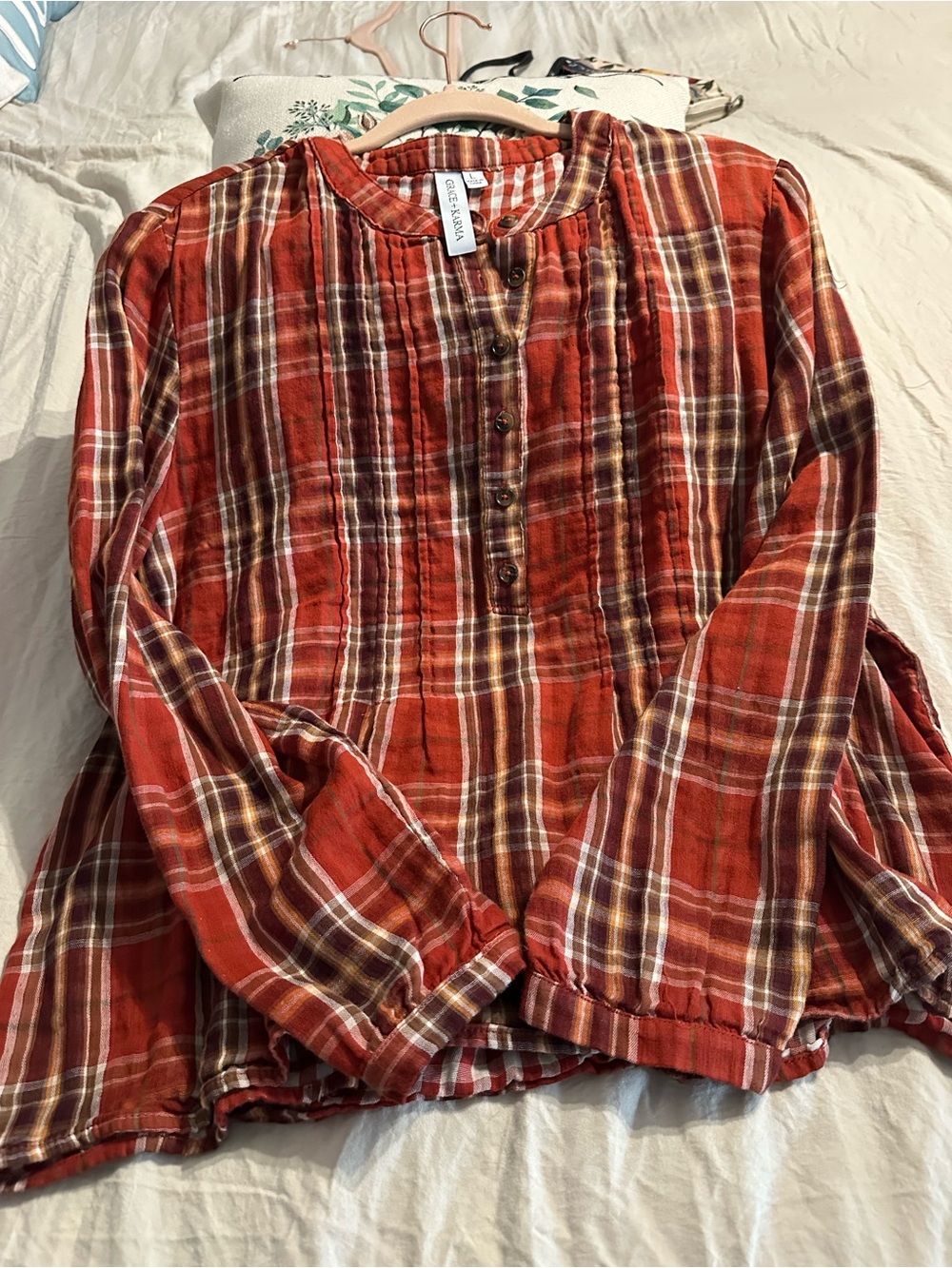 Lightweight Red Plaid Henley Blouse
